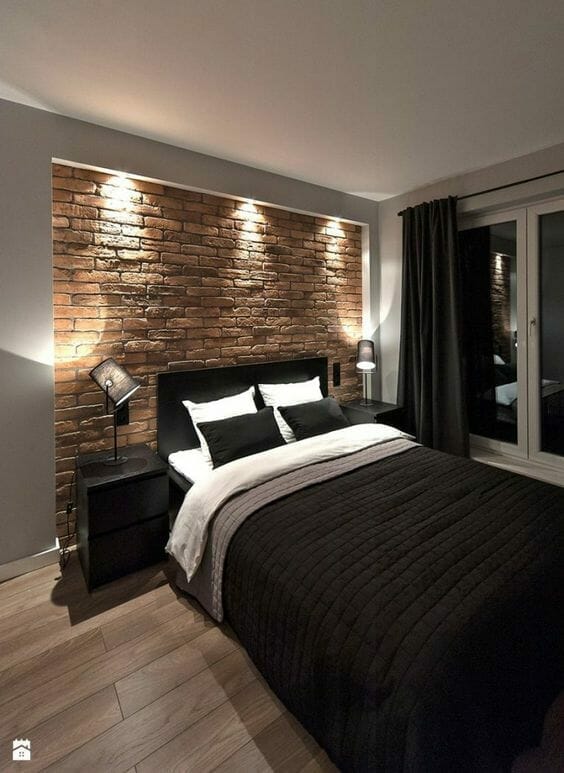 ceglana ściana w sypialni, sypialnia w stylu industrialnym