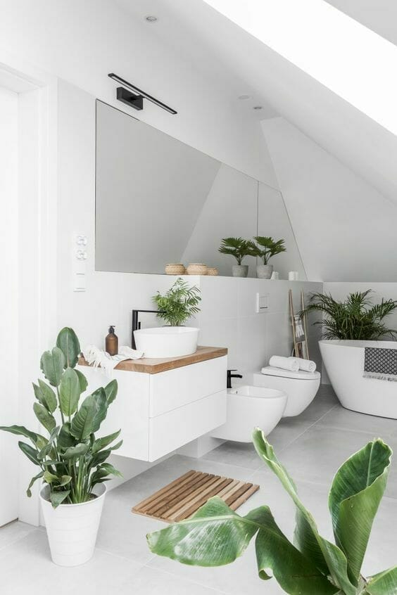 biała łazienka z ukosem z dużą ilością roślin doniczkowych i drewnianymi akcentami 