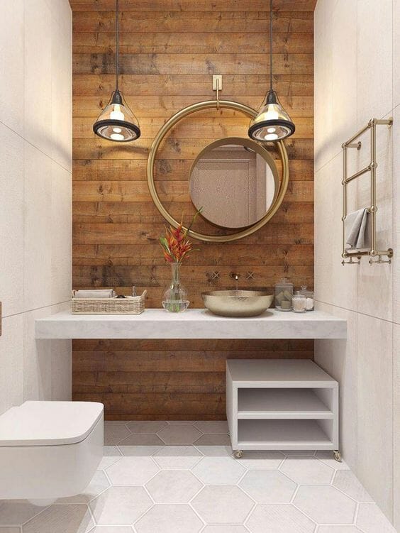 łazienka z drewnianą ścianą vintage