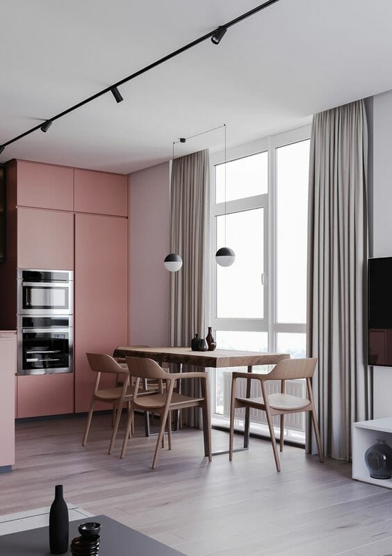 modne kolory ścian do kuchni - różowe ściany