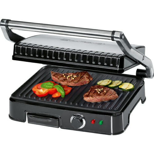 Grill kontaktowy do obustronnego, beztłuszczowego grillowania Kanał odpływu tłuszczu i tacka na skropliny (zdejmowana tacka w celu łatwego czyszczenia) Moc 2000 W Obudowa ze stali nierdzewnej Termostat regulowany stale Krótkie czasy gotowania Płytki do g