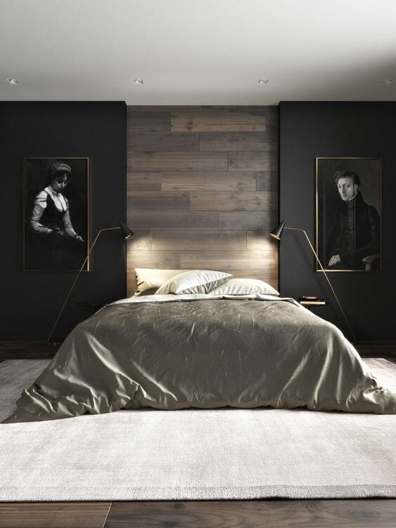 czarna sypialnia w stylu skandynawskim z drewnem na ścianie